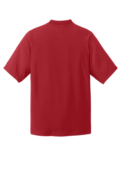 Red New Era cage short sleeve quarter zip jacket with custom print, shown from the back.