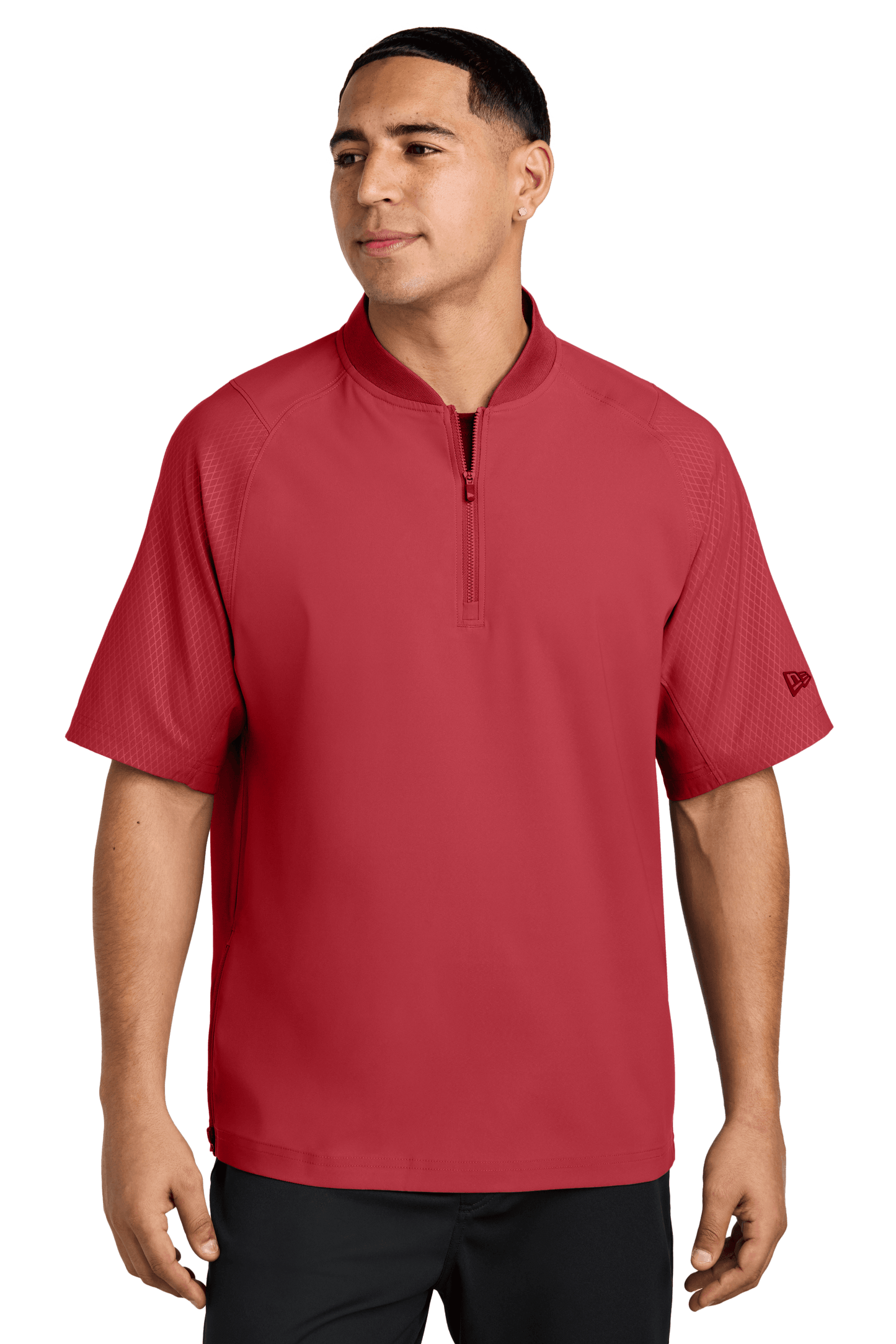 Red New Era cage short sleeve quarter zip jacket with customizable print detail, designed for casual and sporty wear.
