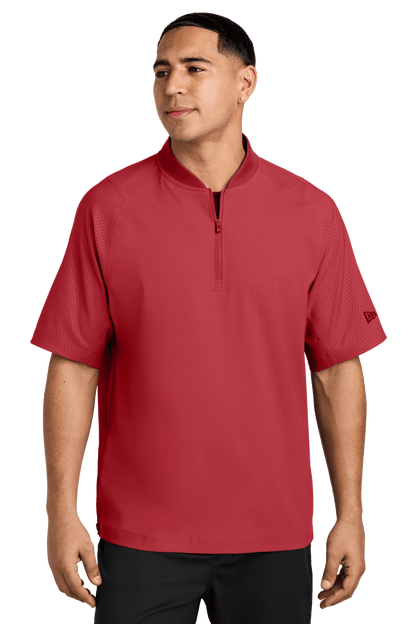 Red New Era cage short sleeve quarter zip jacket with customizable print detail, designed for casual and sporty wear.