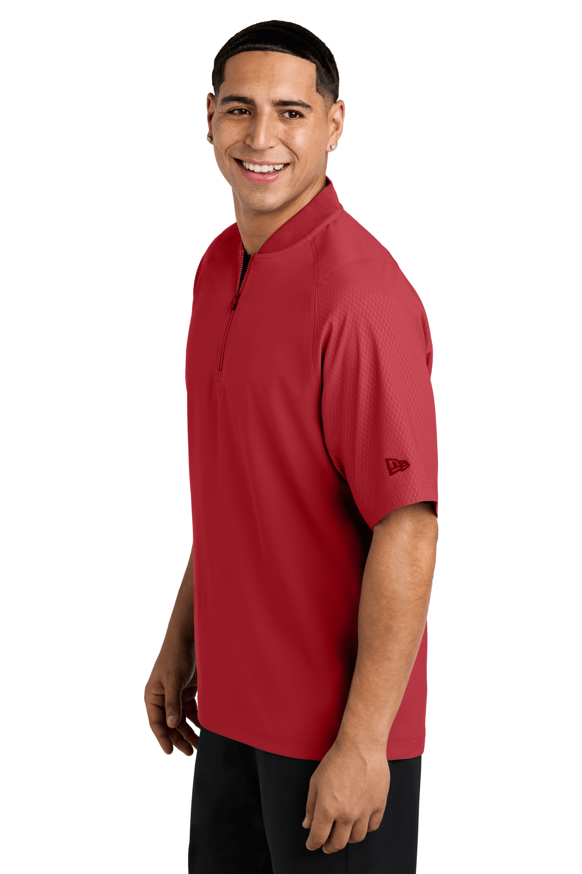 Red New Era custom cage short sleeve quarter zip jacket with printed design, shown from the side view.