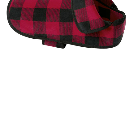 Red and black buffalo check Port Authority fleece jacket by Print-View, shown from the right side.