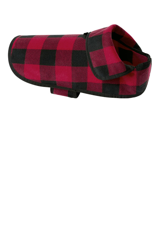 Red and black buffalo check Port Authority fleece jacket by Print-View, shown from the right side.
