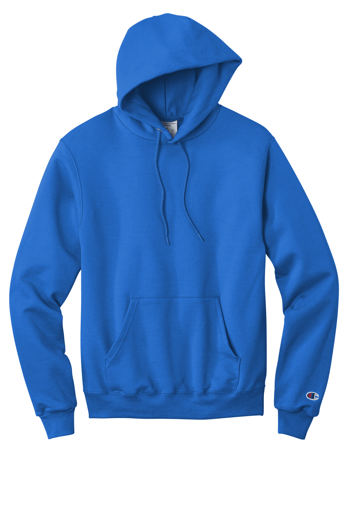 Royal blue Champion Powerblend hoodie with custom logo print, soft fleece fabric, classic fit, designed for comfortable casual wear