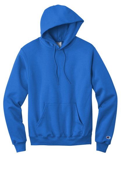 Royal blue Champion Powerblend hoodie with custom logo print, soft fleece fabric, classic fit, designed for comfortable casual wear