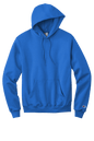 Royal blue Champion Powerblend hoodie with custom logo print, soft fleece fabric, classic fit, designed for comfortable casual wear