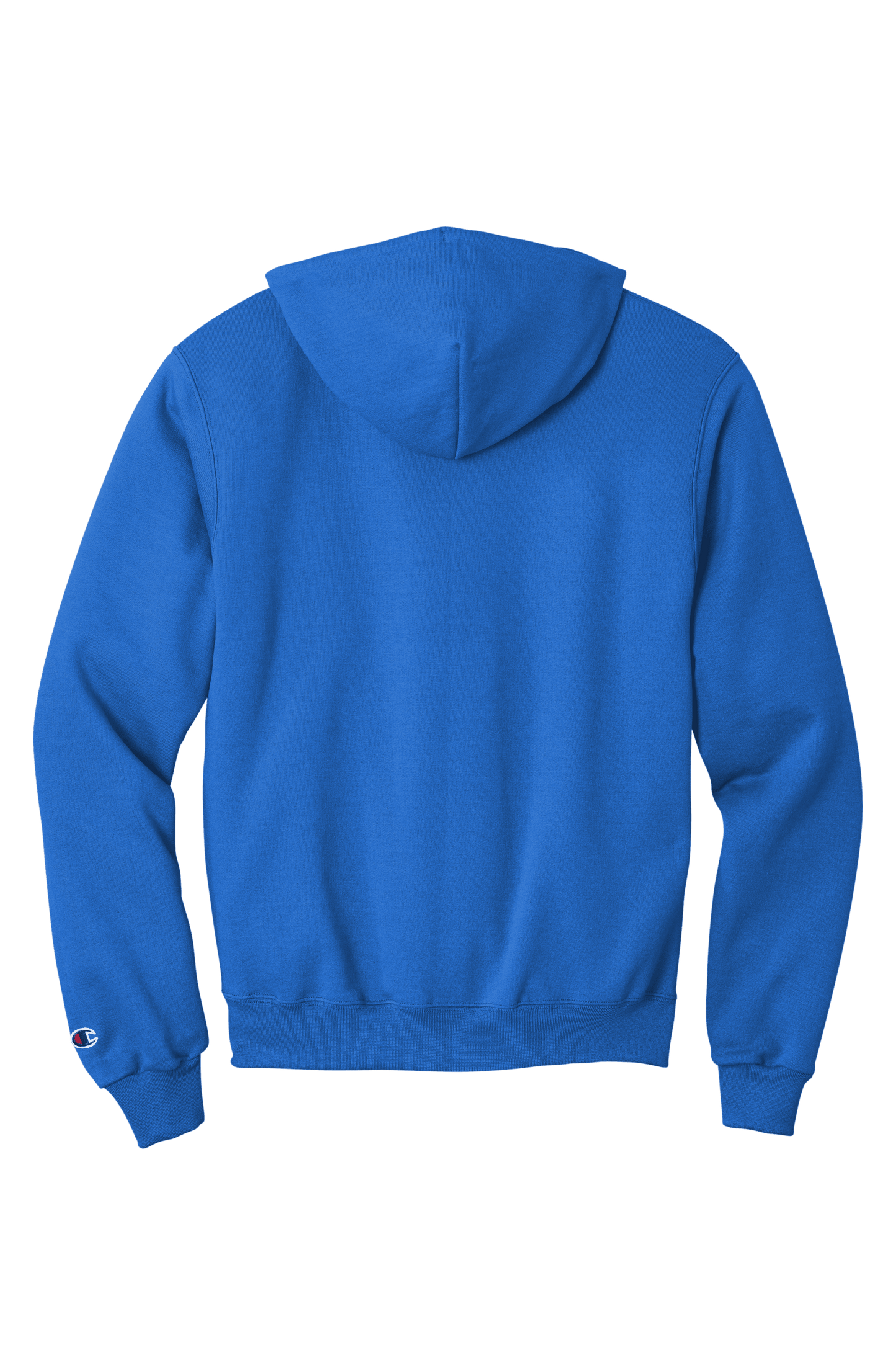 Royal blue Champion Powerblend pullover hoodie with custom logo print, soft fleece comfort, classic fit, front view.