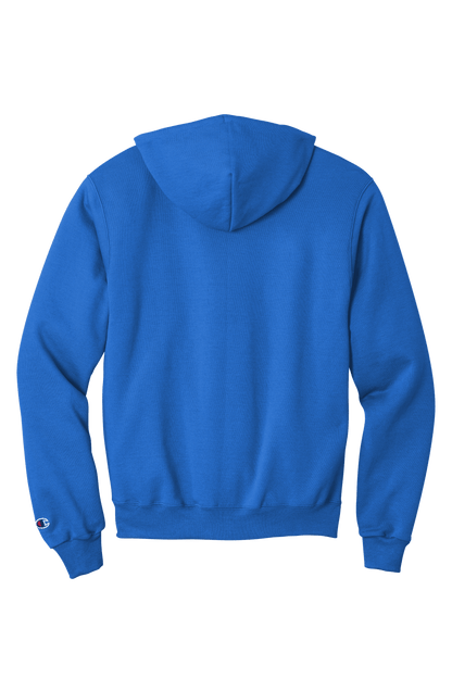 Royal blue Champion Powerblend pullover hoodie with custom logo print, soft fleece comfort, classic fit, front view.