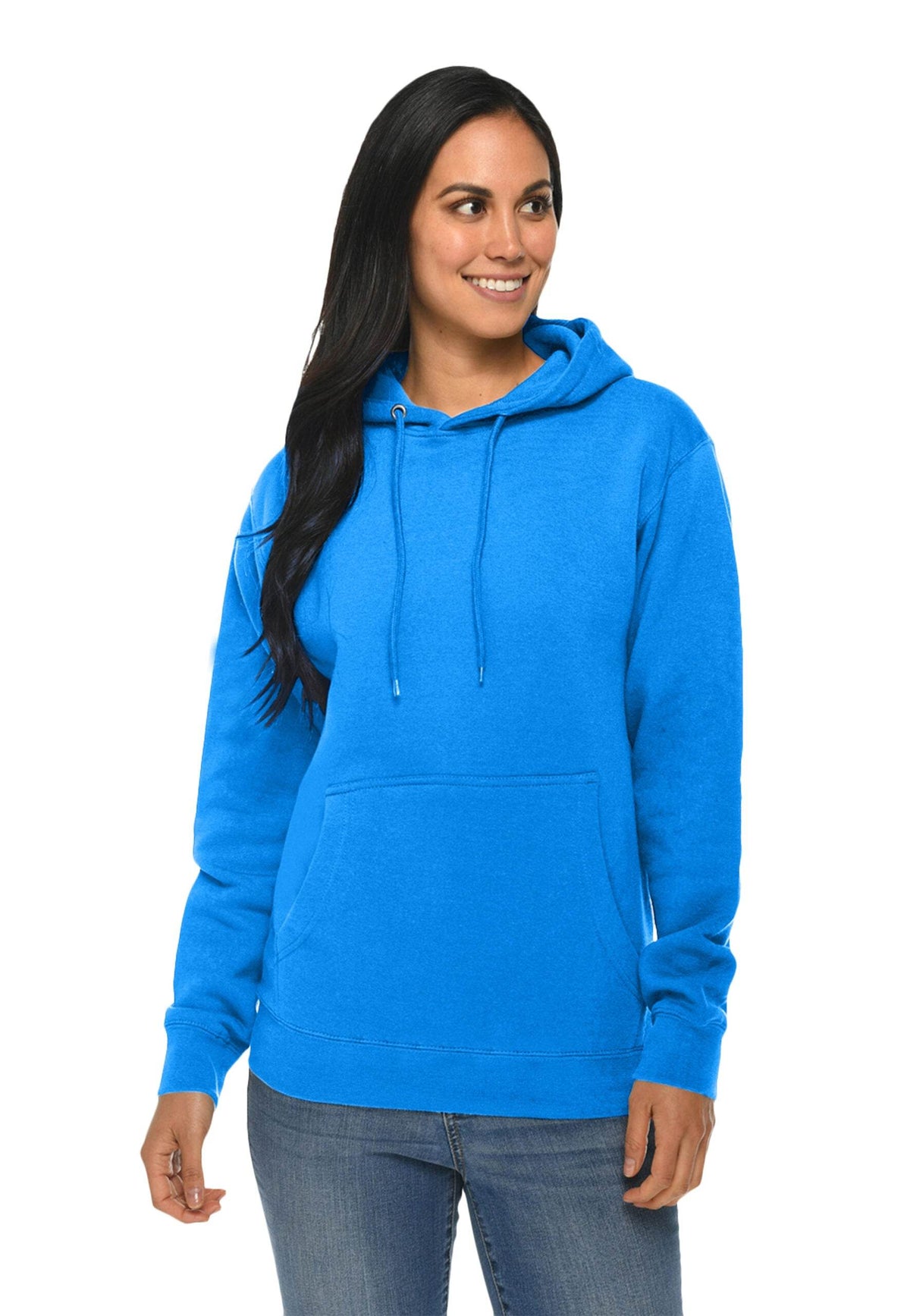 Royal blue Lane 7 unisex plain premium hoodie with printed front view, showcasing a comfortable pullover design.