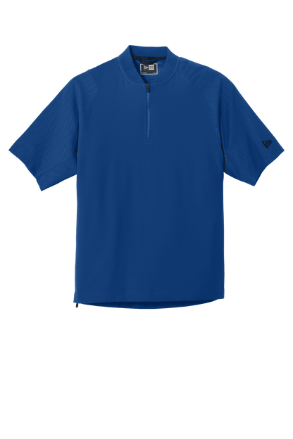 Royal blue New Era cage short sleeve quarter zip jacket with custom print, featuring a 1/4-zip design and casual athletic style.