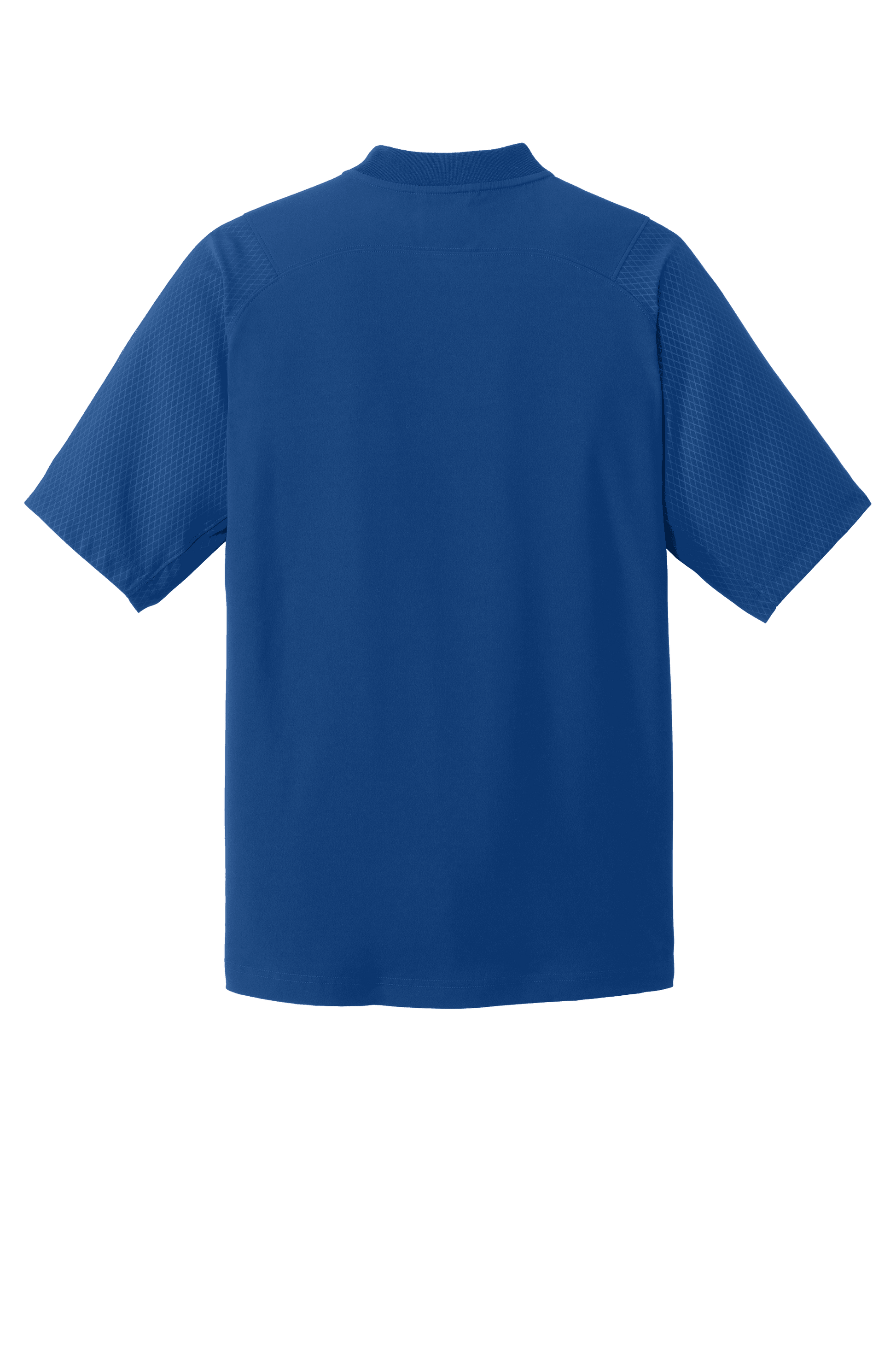 Royal blue New Era quarter zip cage short sleeve jacket with custom print, shown from the back.