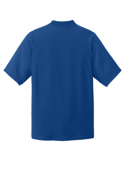 Royal blue New Era quarter zip cage short sleeve jacket with custom print, shown from the back.