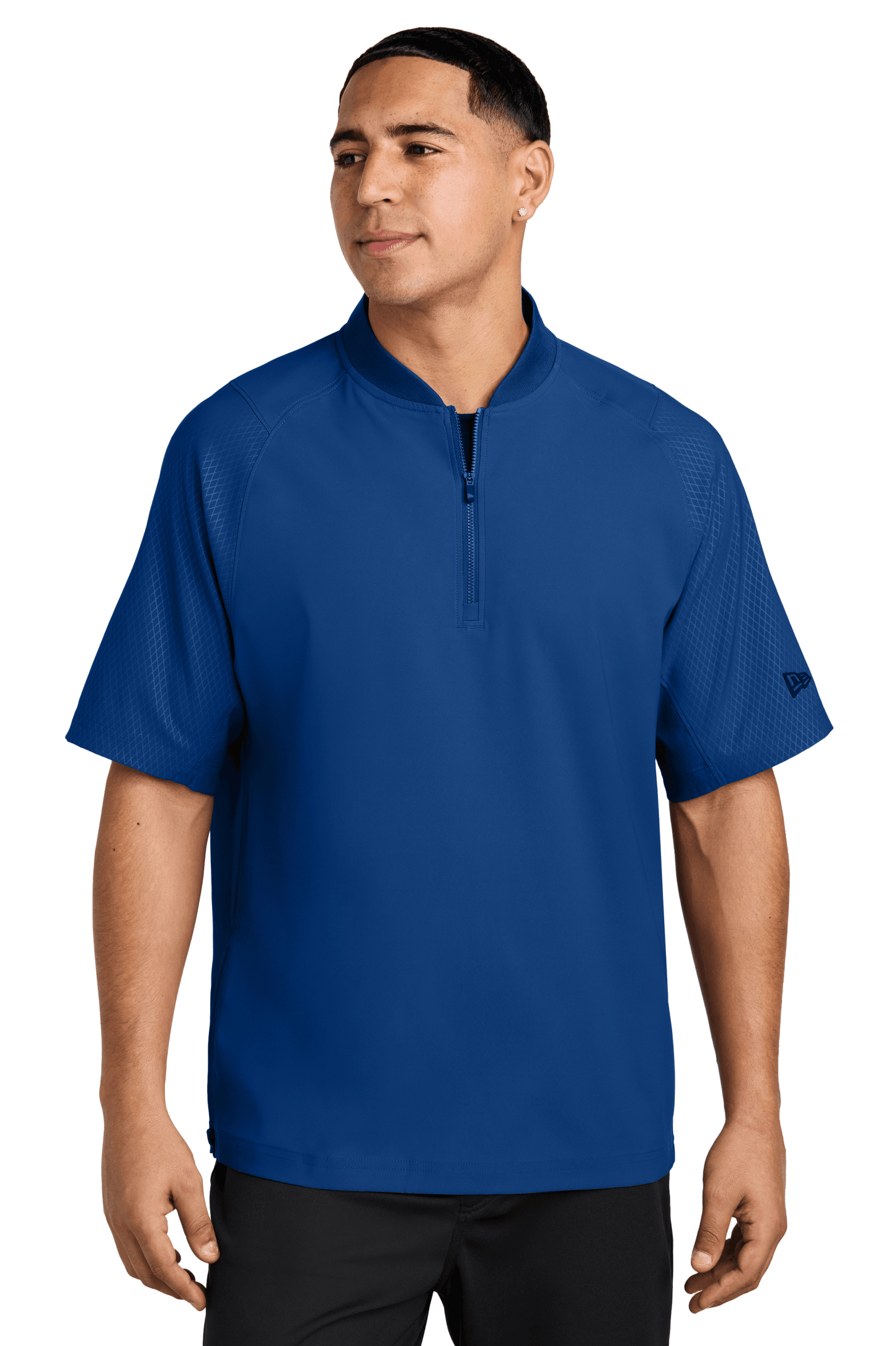 Royal blue New Era® cage short sleeve quarter-zip jacket with custom print, lightweight and stylish for casual wear.