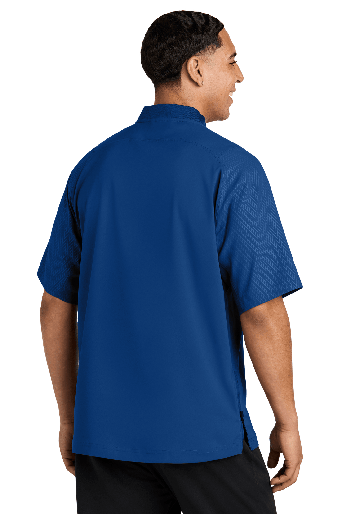 Royal blue New Era® cage short sleeve quarter zip jacket with custom print, shown from the back.