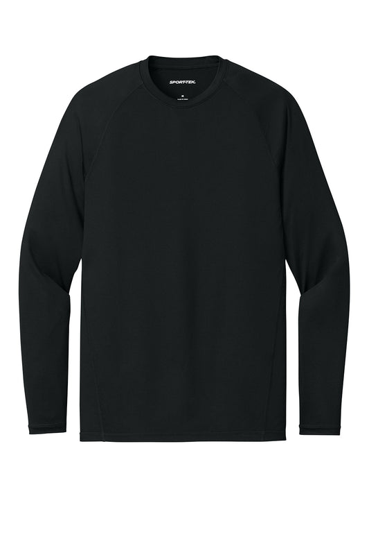 Black Sport-Tek® PosiCharge® compression long sleeve tee with flat front, designed for athletic performance and comfort.