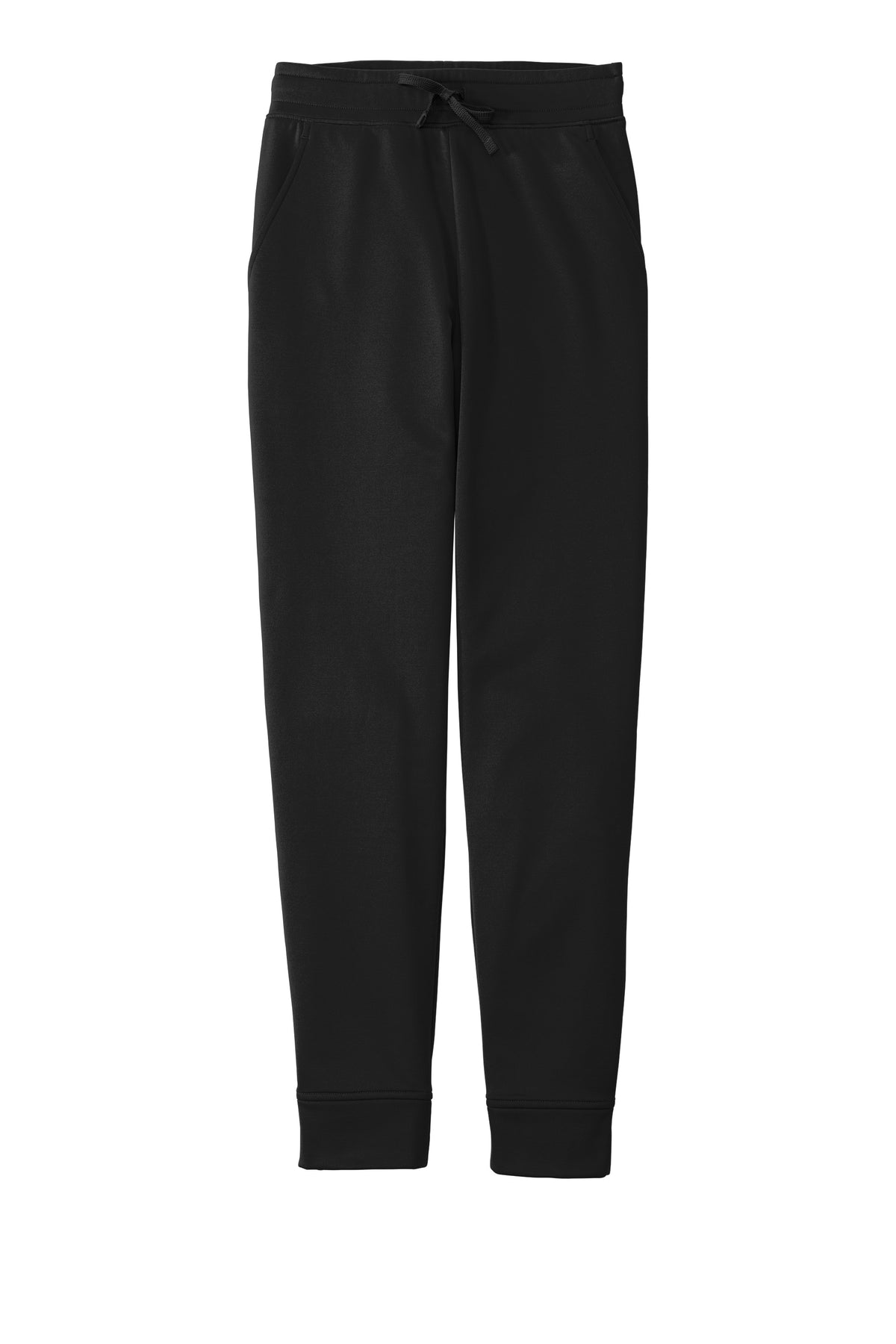 Black Sport-Tek Sport-Wick fleece jogger pants with a flat front, designed for comfort and athletic style.