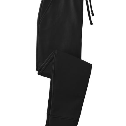 Black Sport-Tek Sport-Wick fleece jogger pants with a flat front and elastic waistband, designed for comfort and athletic style.