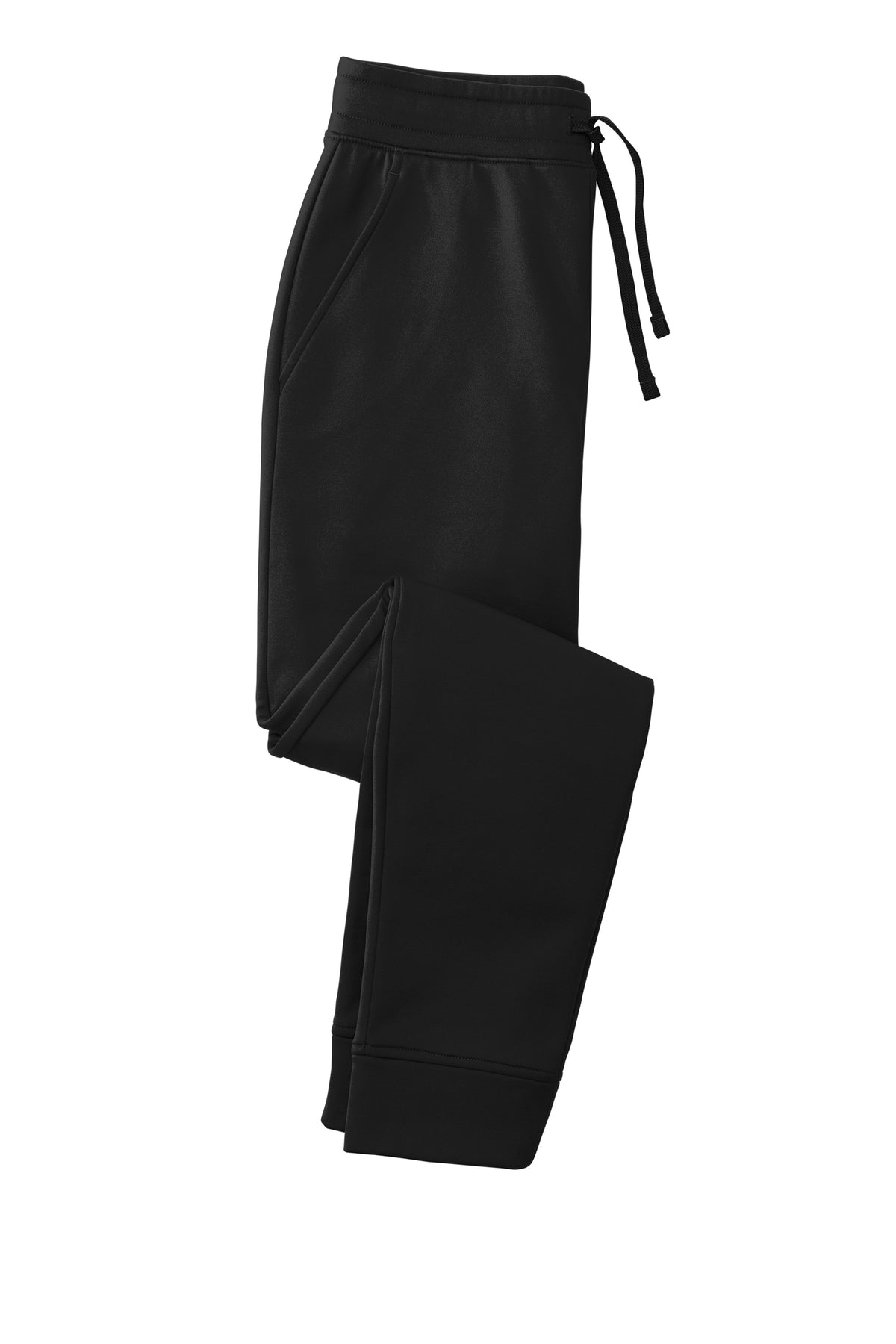 Black Sport-Tek Sport-Wick fleece jogger pants with a flat front and relaxed fit, ideal for athletic and casual wear.