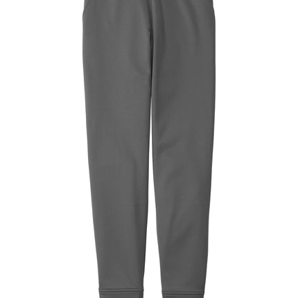 Dark smoke grey Sport-Tek Sport-Wick fleece jogger pants with a flat front and athletic fit, designed for comfort and active wear.