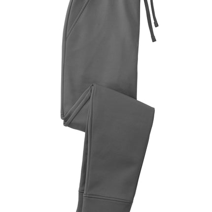 Dark smoke gray Sport-Tek Sport-Wick fleece jogger with flat front design, made by Print-View, shown from a front angle.