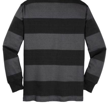 Back view men’s rugby polo in black and graphite stripes — breathable 100% cotton jersey