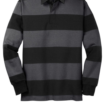 Front view men’s lightweight rugby polo in black and graphite yarn-dyed stripes — casual team uniform