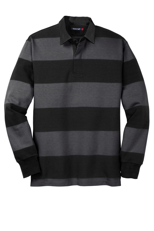 Front view men’s lightweight rugby polo in black and graphite yarn-dyed stripes — casual team uniform