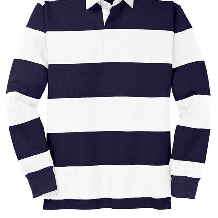 Front view lightweight rugby polo in true navy with white stripes — authentic cotton rugby shirt