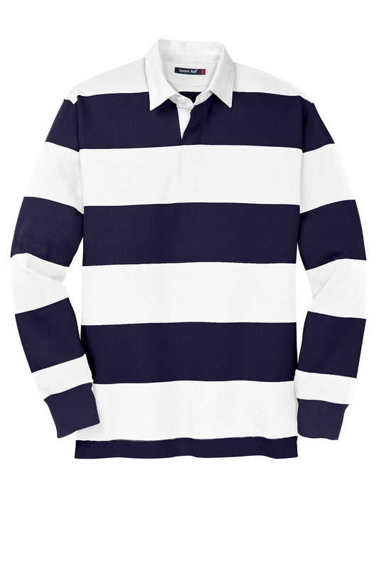 Men's lightweight rugby polo shirt with twill collar and rubber buttons, in true navy and white, by Print-View.