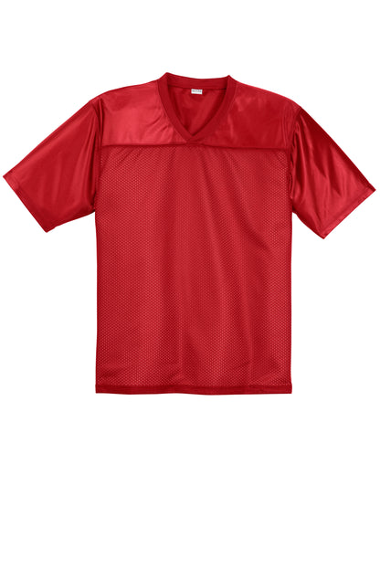 Red Sport-Tek PosiCharge Replica Jersey by Print-View, flat front view showing breathable fabric and athletic design.
