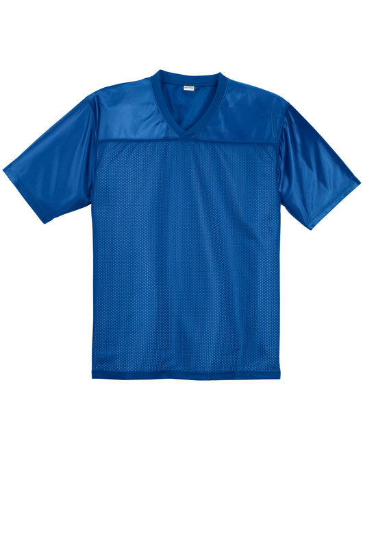 Royal blue Sport-Tek PosiCharge Replica Jersey with front view, featuring team logo and breathable athletic fabric.