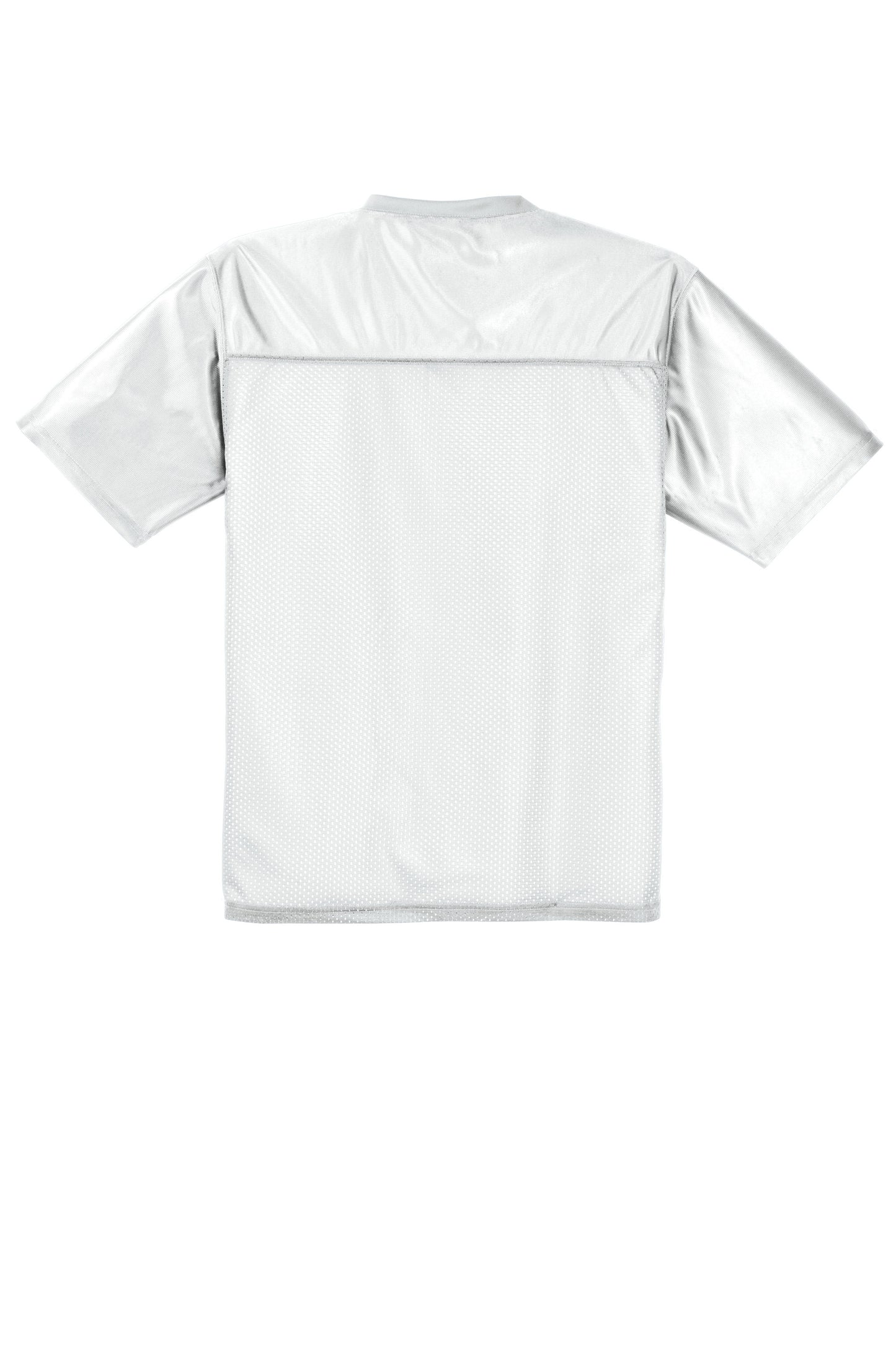White Sport-Tek PosiCharge Replica Jersey with flat back design, featuring breathable fabric and athletic fit by Print-View.