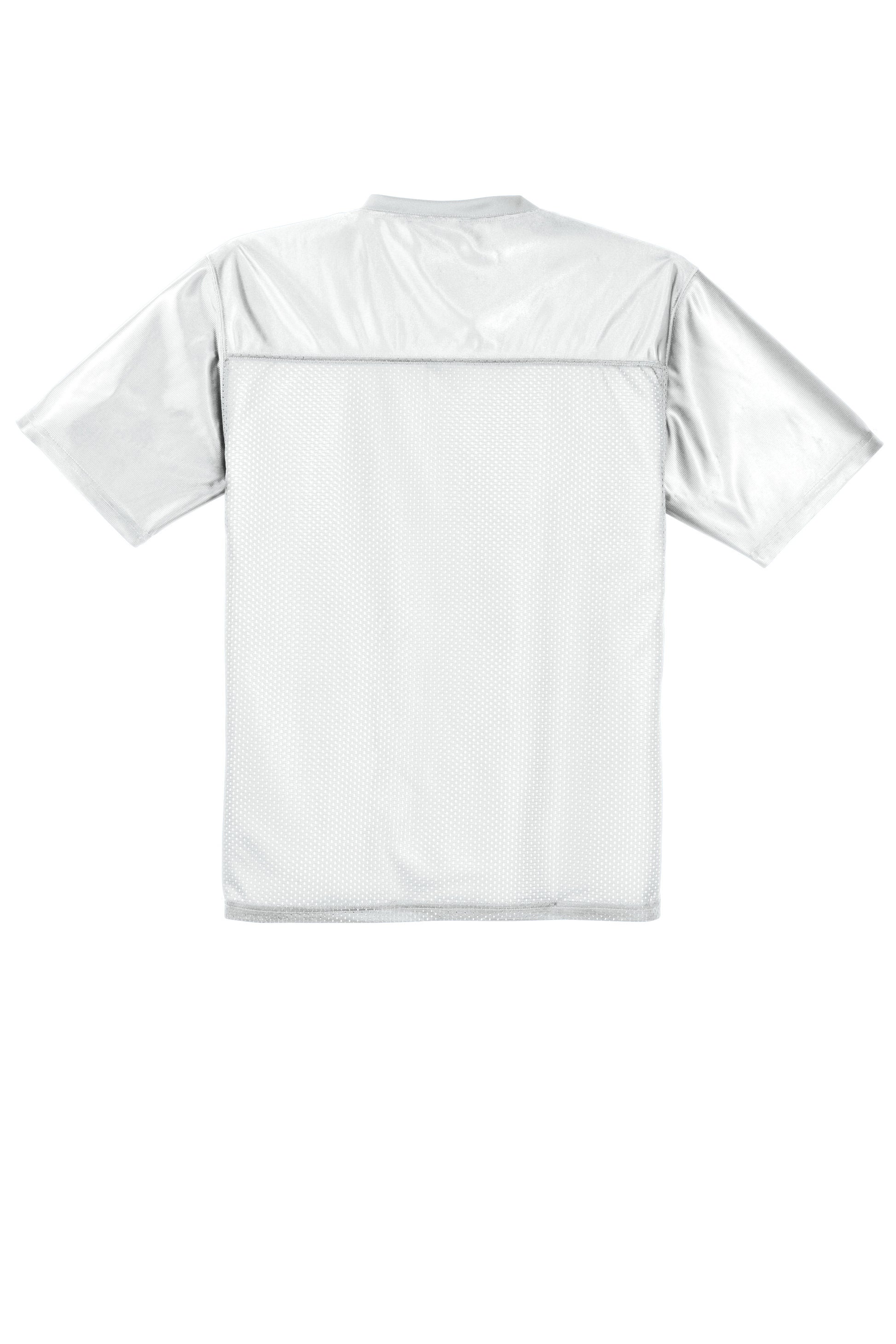 White Sport-Tek PosiCharge Replica Jersey with flat back design, featuring breathable fabric and athletic fit by Print-View.