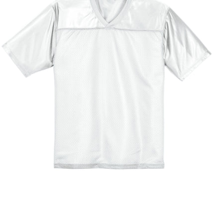 Sport-Tek PosiCharge Replica Jersey front view — White body with contrasting yoke. Custom name & number available.