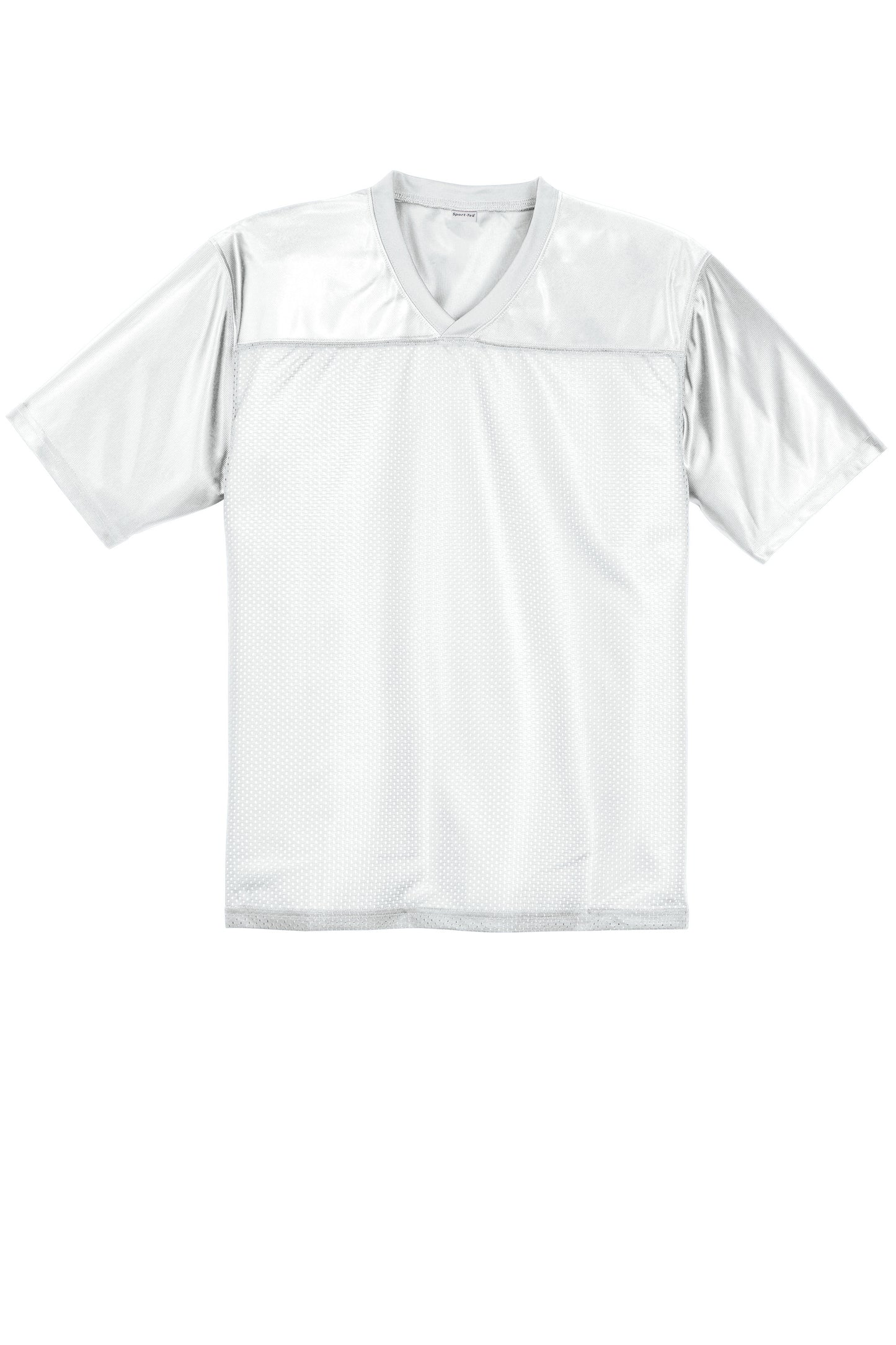 White Sport-Tek® PosiCharge® Replica Jersey with front view, featuring breathable fabric and athletic design by Print-View.