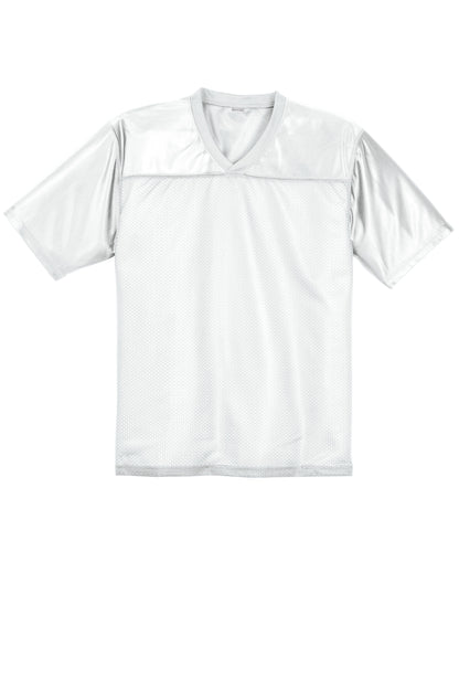 White Sport-Tek® PosiCharge® Replica Jersey with front view, featuring breathable fabric and athletic design by Print-View.