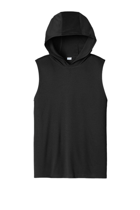 Black Sport-Tek® Competitor™ sleeveless hoodie with front view, showcasing lightweight athletic design and sleeveless style.