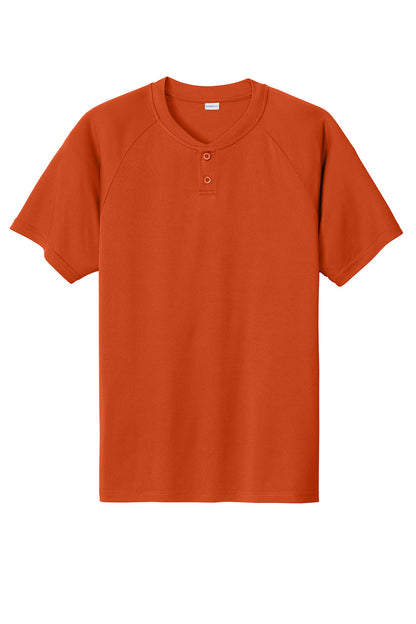 Deep orange Sport-Tek PosiCharge Competitor 2-Button Henley T-shirt with a flat front view.