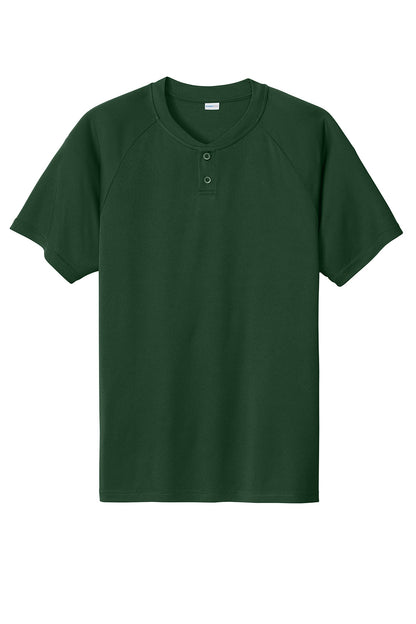 Forest green Sport-Tek® PosiCharge® Competitor™ 2-Button Henley T-shirt with flat front and short sleeves.