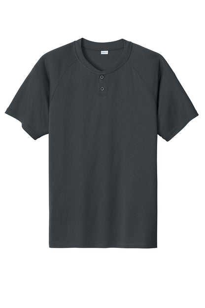 Sport-Tek PosiCharge Competitor 2-Button Henley T-shirt in iron gray, flat front design, made by Print-View.