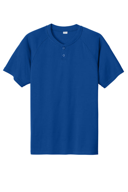 Sport-Tek PosiCharge Competitor 2-Button Henley T-shirt in true royal blue, showing front view with buttons and short sleeves.