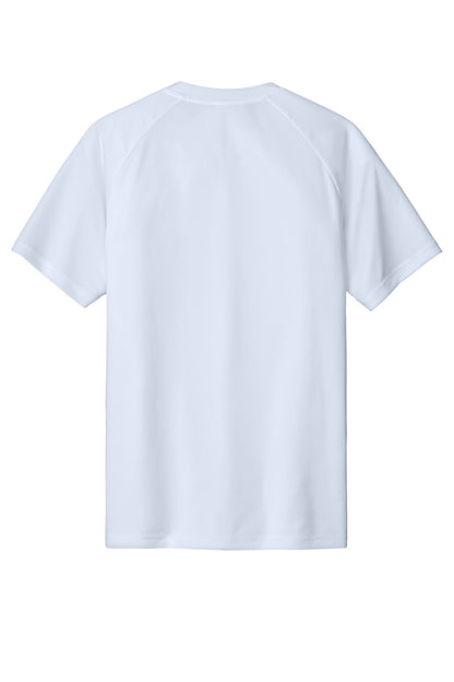 White Sport-Tek PosiCharge Competitor 2-Button Henley T-shirt with flat back, featuring short sleeves and sleek design.