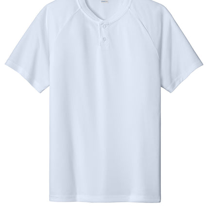 Sport-Tek PosiCharge Competitor Henley front view — White moisture-wicking henley with dyed-to-match buttons; personalization available.