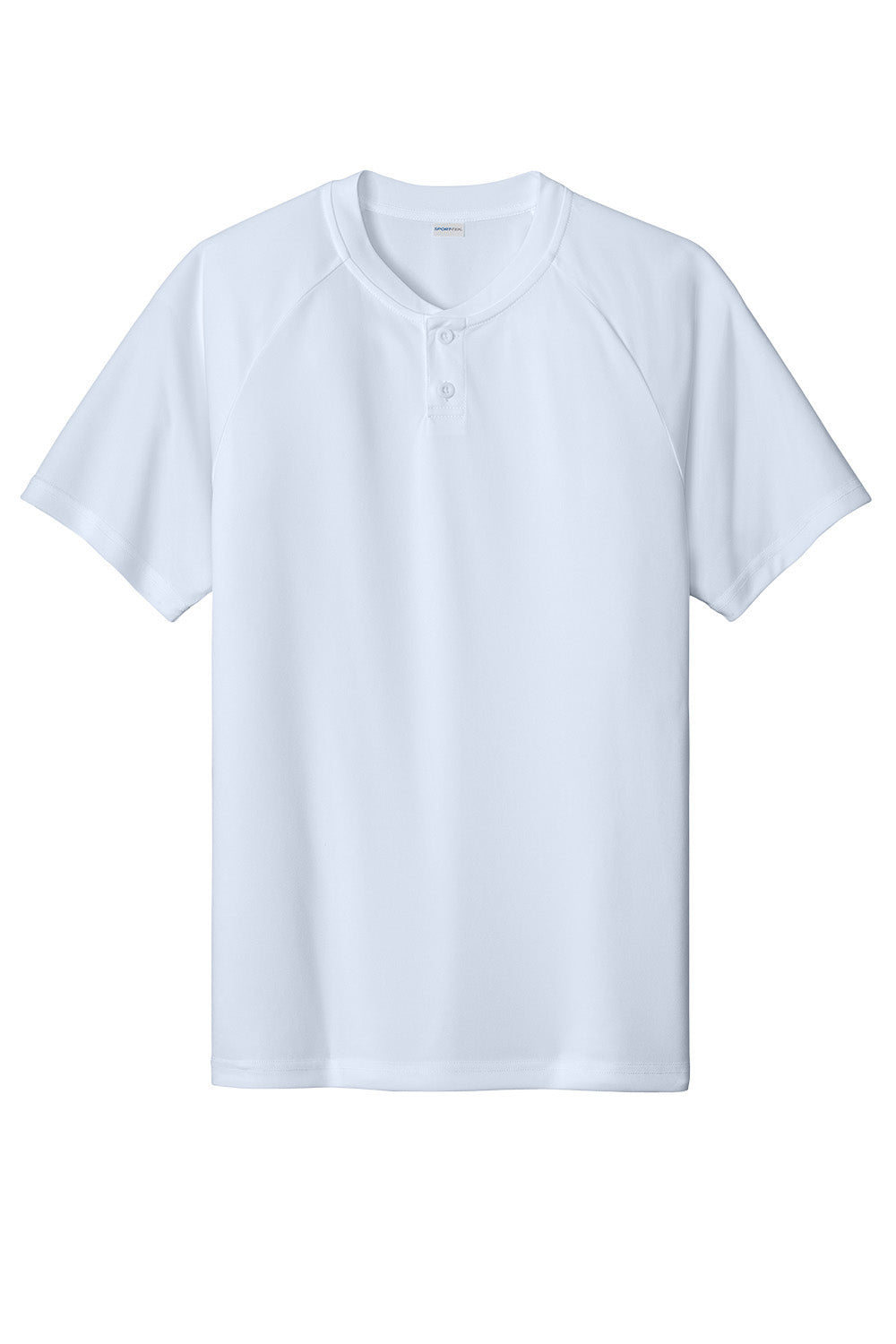 White Sport-Tek PosiCharge Competitor 2-Button Henley T-shirt with flat front, showcasing its classic sporty design and comfortable fit.