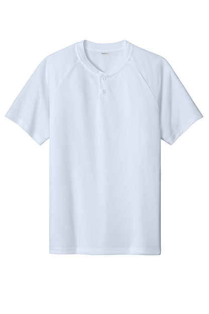White Sport-Tek PosiCharge Competitor 2-Button Henley T-shirt with flat front, showcasing its classic sporty design and comfortable fit.