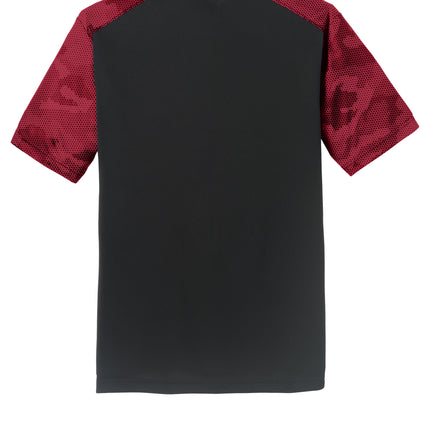 Sport-Tek CamoHex Colorblock Tee front view — Black/Deep Red, personalized performance tee