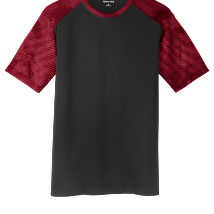 Sport-Tek CamoHex Colorblock Tee front view — Black/Deep Red, personalized performance tee