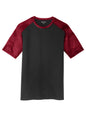 Sport-Tek® CamoHex Colorblock Tee in black and deep red, flat front view showing sporty design and colorblock pattern.