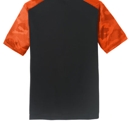 Sport-Tek CamoHex Colorblock Tee back view — Black/Neon Orange, sublimated camohex panels