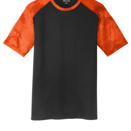 Sport-Tek CamoHex Colorblock Tee front view — Black/Neon Orange, custom colorblock performance tee