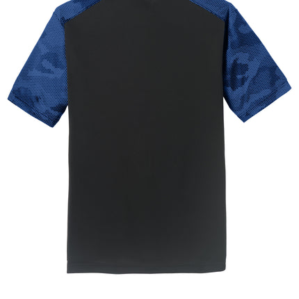 Sport-Tek CamoHex Colorblock Tee back view — Blue/Umber, durable polyester interlock